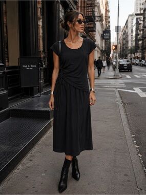 LOVE MOSCHINO Italian Luxury Designer Black Cap Sleeve Draped Midi Dress, 8